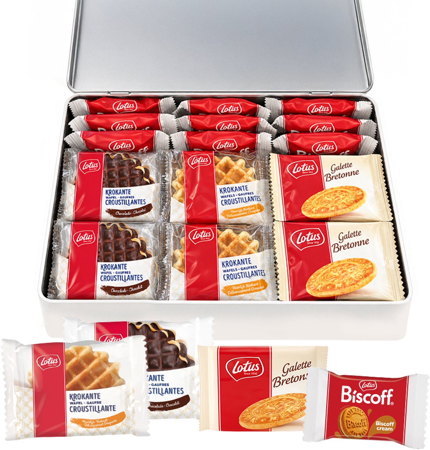 Lotus Collection Box "Happiness is a Piece of Cake" 386g - 34 individueel verpakte koekjes - Biscoff, Bretons Botergaletje & krokante wafels - koekjes cadeau