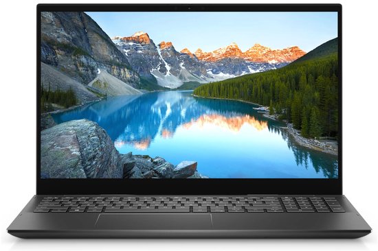 Zwarte Dell laptop in standaardstand, met zicht op het toetsenbord en een berglandschap op het scherm.
