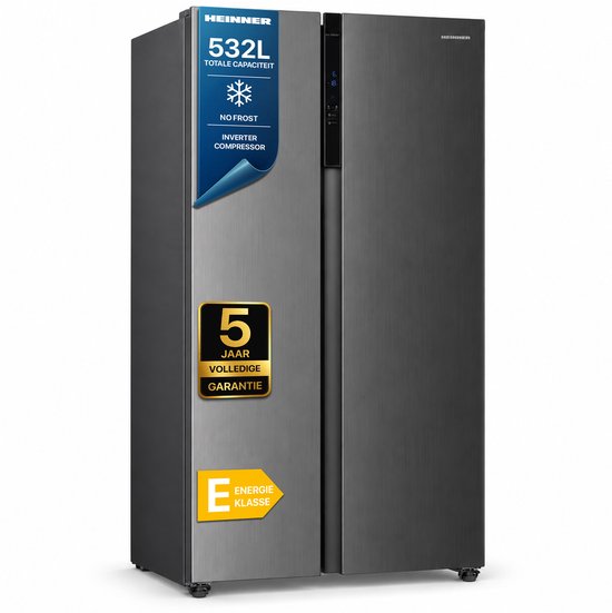Heinner HSBS-HM532NFXE++ Amerikaanse Side-by-Side Koelkast 532 L – Full No Frost – LED Touch Display – Super Vriezen – Deur-open Alarm – RVS – 5 Jaar Garantie