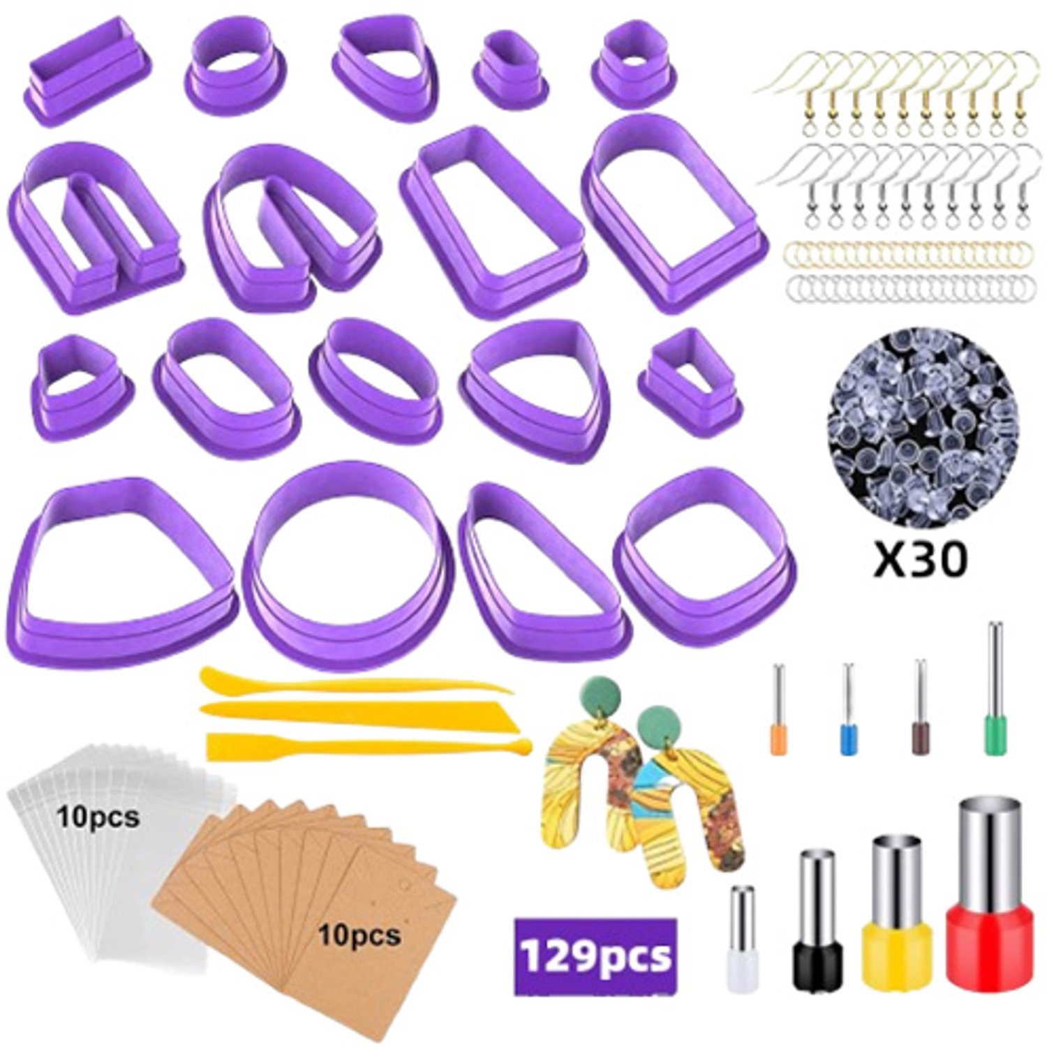 129 stuks polymeerklei-accessoires - Accessoires voor het maken van kleisieraden -Uitsteekvormen - oorbelsnijder voor het maken van sieraden - kunststof gereedschap - perfect voor doe-het-zelfprojecten en creatief knutselen - Paars