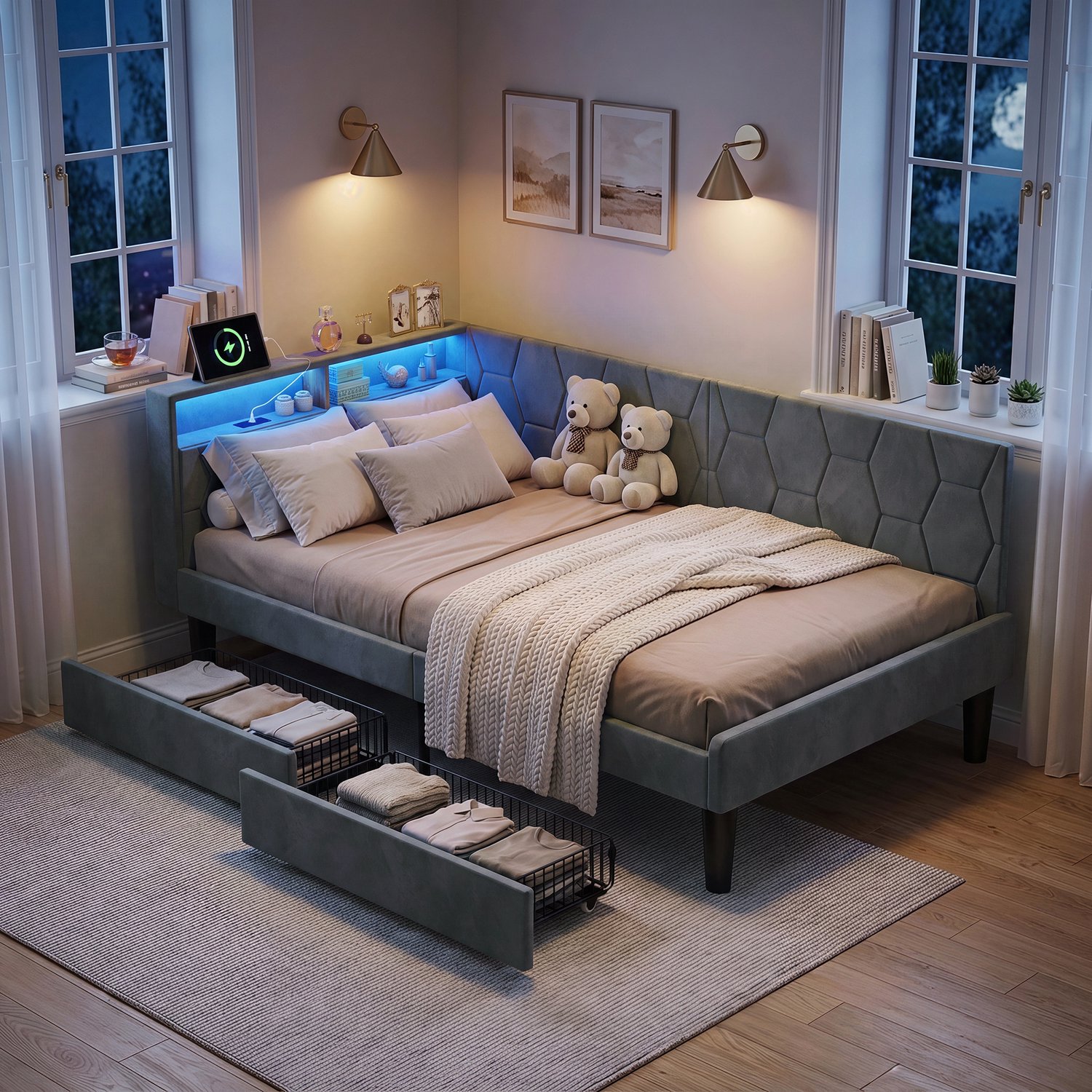 ROSAHQNDA Kinderbed 140x200 cm L-vormig slaapbankje met verstelbaar hekje, gestoffeerde kinder-slaapbank, hoog gestoffeerd hoofdeinde, daybed met 2 lades en metalen lattenbodem, zonder matras Grijs