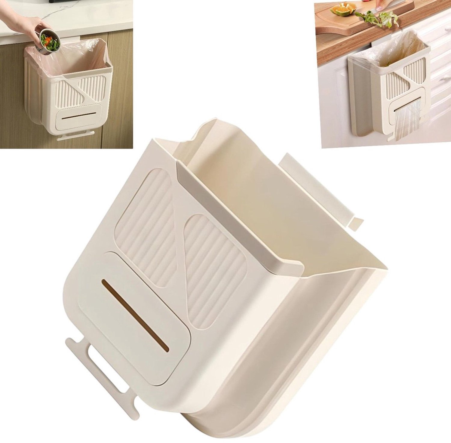 Prullenbak - Keukenprullenbak zonder boren - Opvouwbare prullenbak - Muurprullenbak - Prullenbak voor aan de kastdeur - Opbergemmer - 7 liter - Gebroken wit