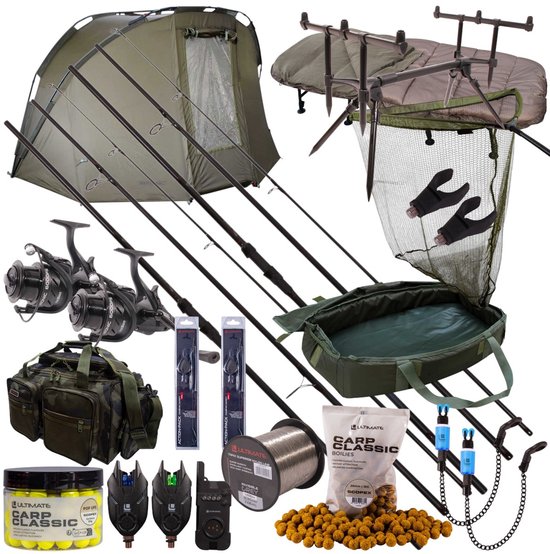 Complete Ultimate karpervisset met tent, hengels, molens, stretcher, onthaakmat, boilies en elektronische beetverklikkers.