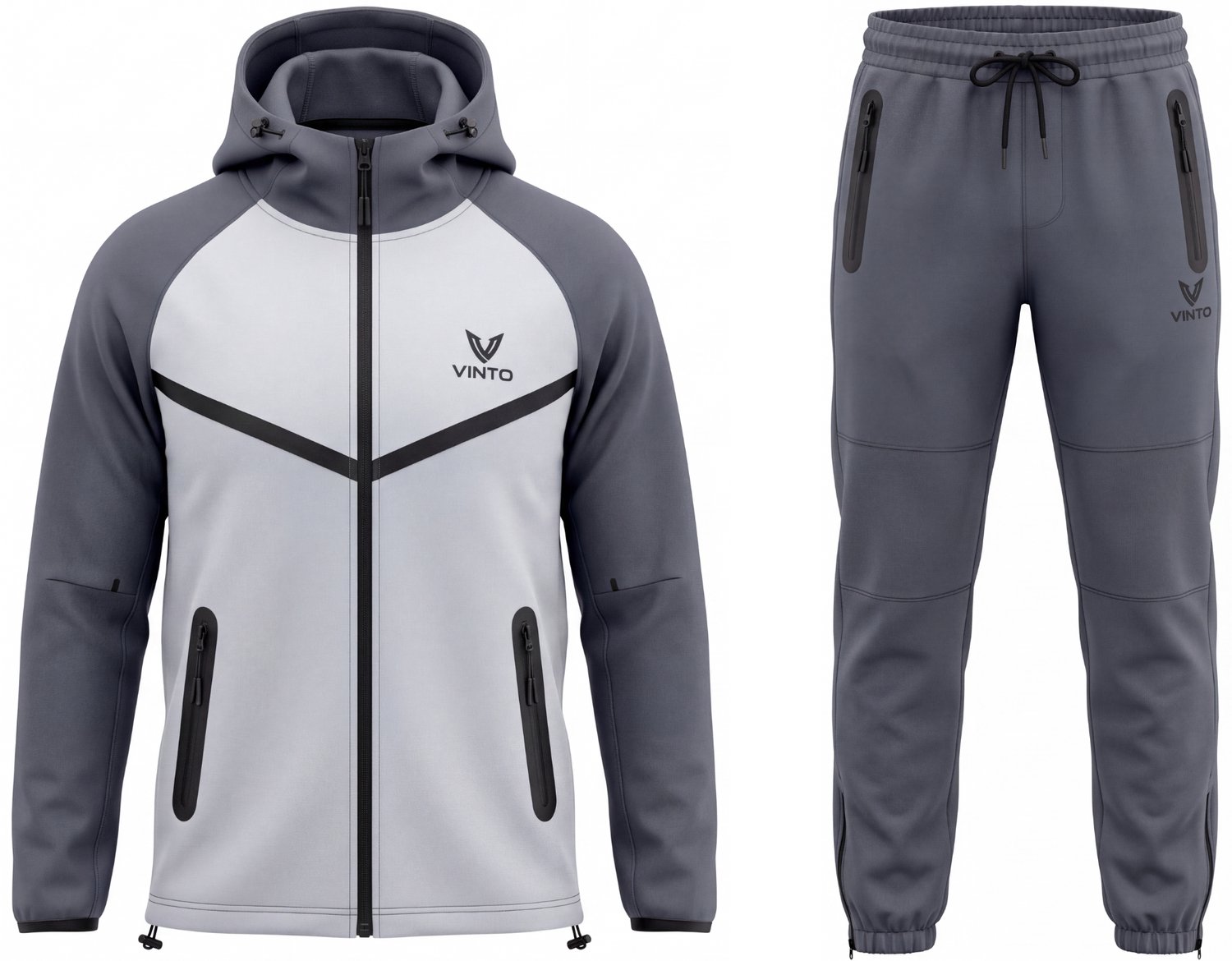 Vinto® Trainingspak Heren - Joggingpak - Sportkleding - Met Capuchon - Ritszakken - Grijs/Wit - Maat S