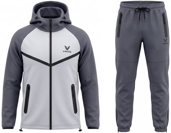 Survêtement gris Vinto composé d'une veste à capuche et d'un pantalon de jogging avec logo Vinto.