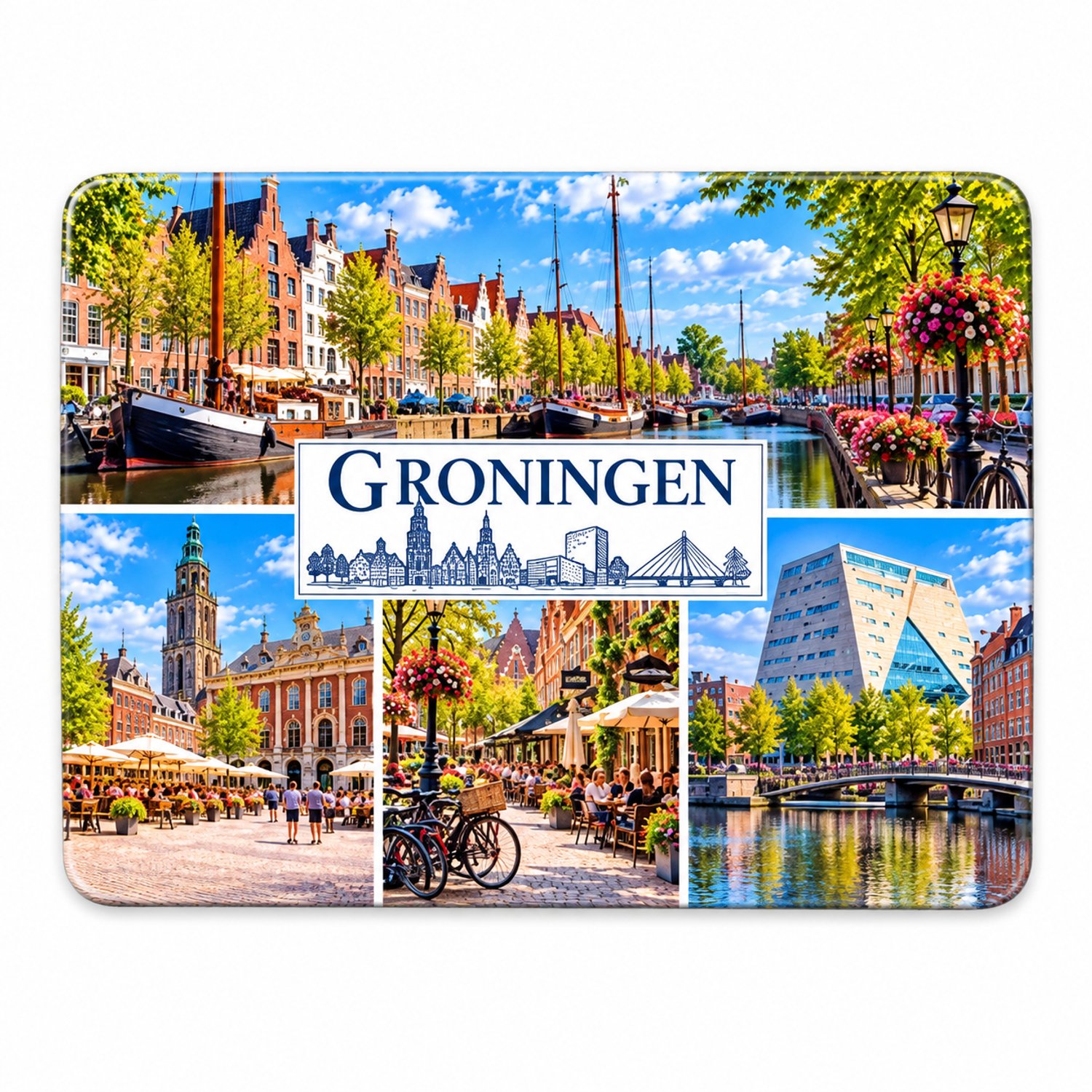 Koelkastmagneet MDF Groningen 9 x 7 cm – Rechthoekige souvenir met stadsgezichten en grachten