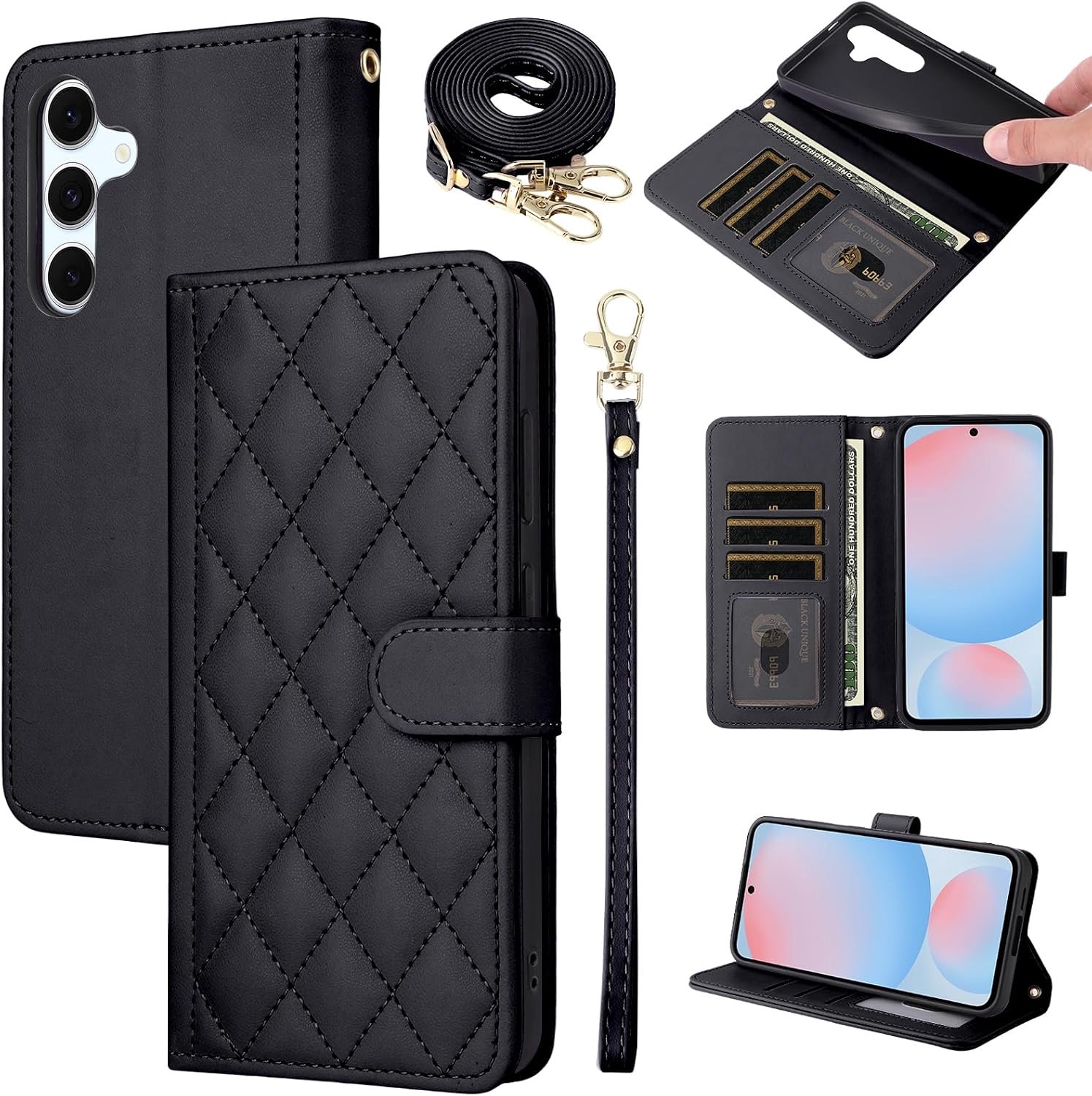 Smartphonehoesje met band, kaarthouder, klapbaar, portemonnee, stand, dun, slim, ketting, zwart