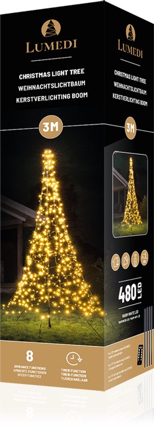 Lumedi 3 meter vlaggenmast-kerstboom met 480 warm witte ledlampjes, inclusief afstandsbediening en timerfunctie.