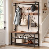 Staande Kapstok 4‑in‑1 met Bank - Garderoberek - Schoenenrek - 8 Haken - Bovenste Plank & Kleedstang - Multifunctioneel Halmeubel - Industrieel Rustiek Design - Metalen Frame - Bruin Zwart