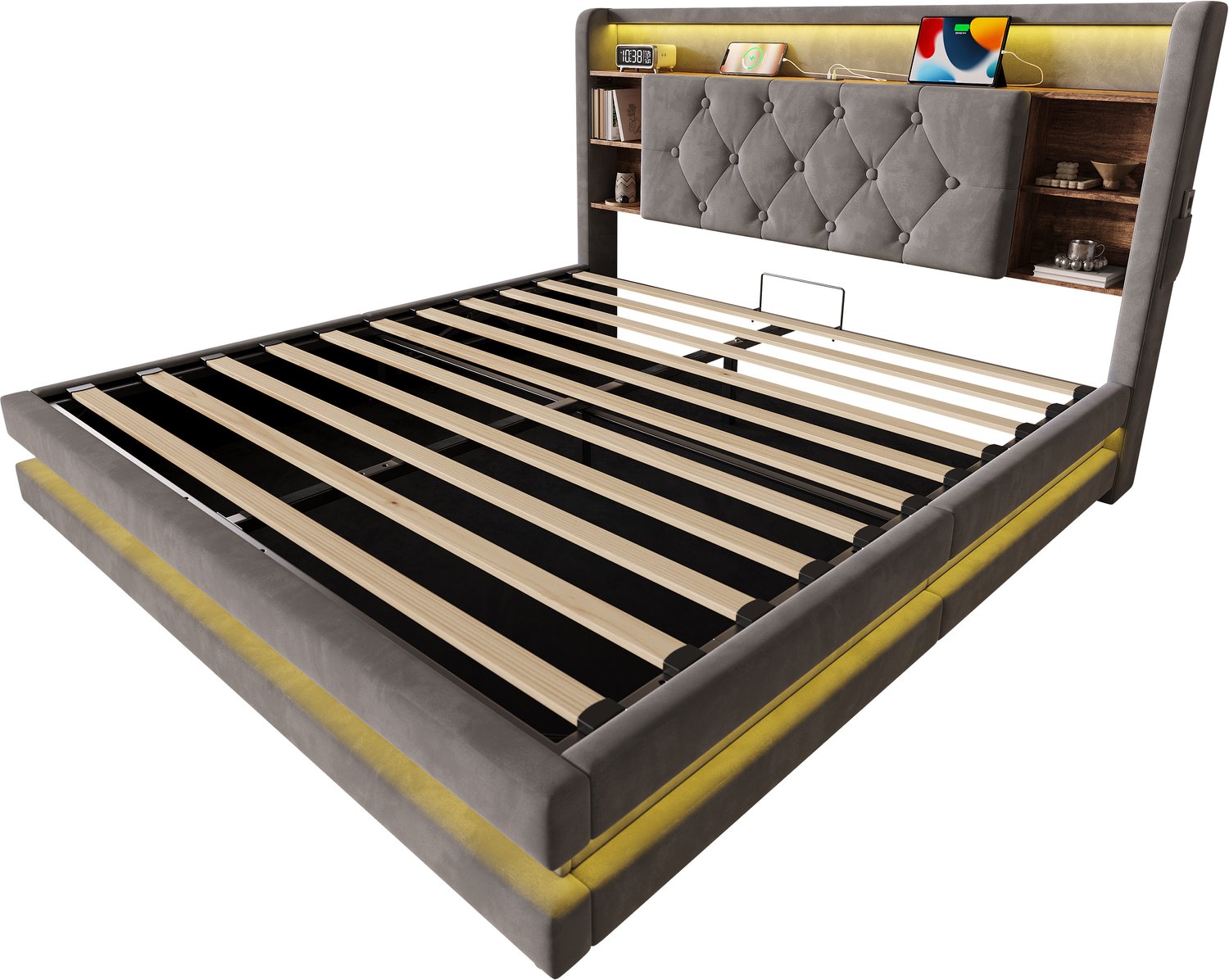 MUVANO Gestoffeerd bed 140 × 200 cm - Fluwelen bed met opbergruimte - Bed met lattenbodem - 218,5 × 147 × 106,5 cm - LED en USB - Slaapkamer donkergrijs
