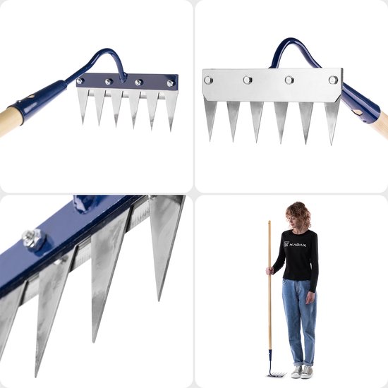 KADAX onkruid hark met 6 scherpe metalen tanden en een lange steel, 20 x 148 cm onkruidschoffel met metalen blad, tuinschoffel voor het verwijderen van onkruid en het losmaken van de grond in bloembedden, tuinhark — afbeelding 3