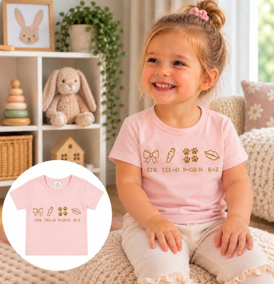 T-shirt rose avec motif doré : nœud, carotte, empreintes et lèvres, avec le texte -STR TEL=D P=GR-N K=Z.