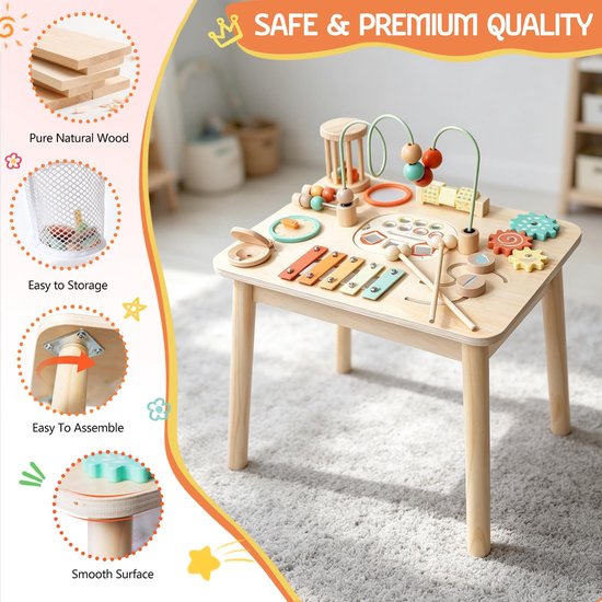 Montessori-speelgoed voor 1-jarigen – Houten activiteitentafel voor peuters van 1-3 jaar, 13-in-1 sensorische speeltafel met kralendoolhof, visspel, vormenstoof & xylofoon, leerzaam speelgoed, cadeau voor de eerste verjaardag van Flintry — afbeelding 5