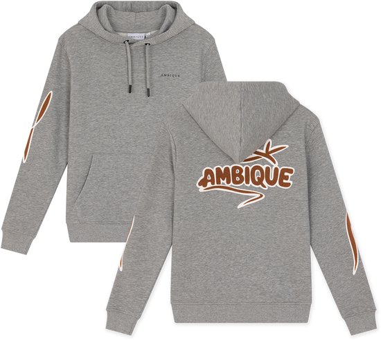 Grijze hoodie met 'AMBIQUE' logo op de borst en achterkant, en bruine accenten op de mouwen.