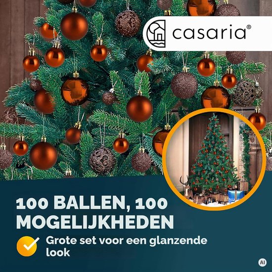 Kerstboom vol koperkleurige ballen. Tekst: Casaria, 100 ballen, 100 mogelijkheden.
