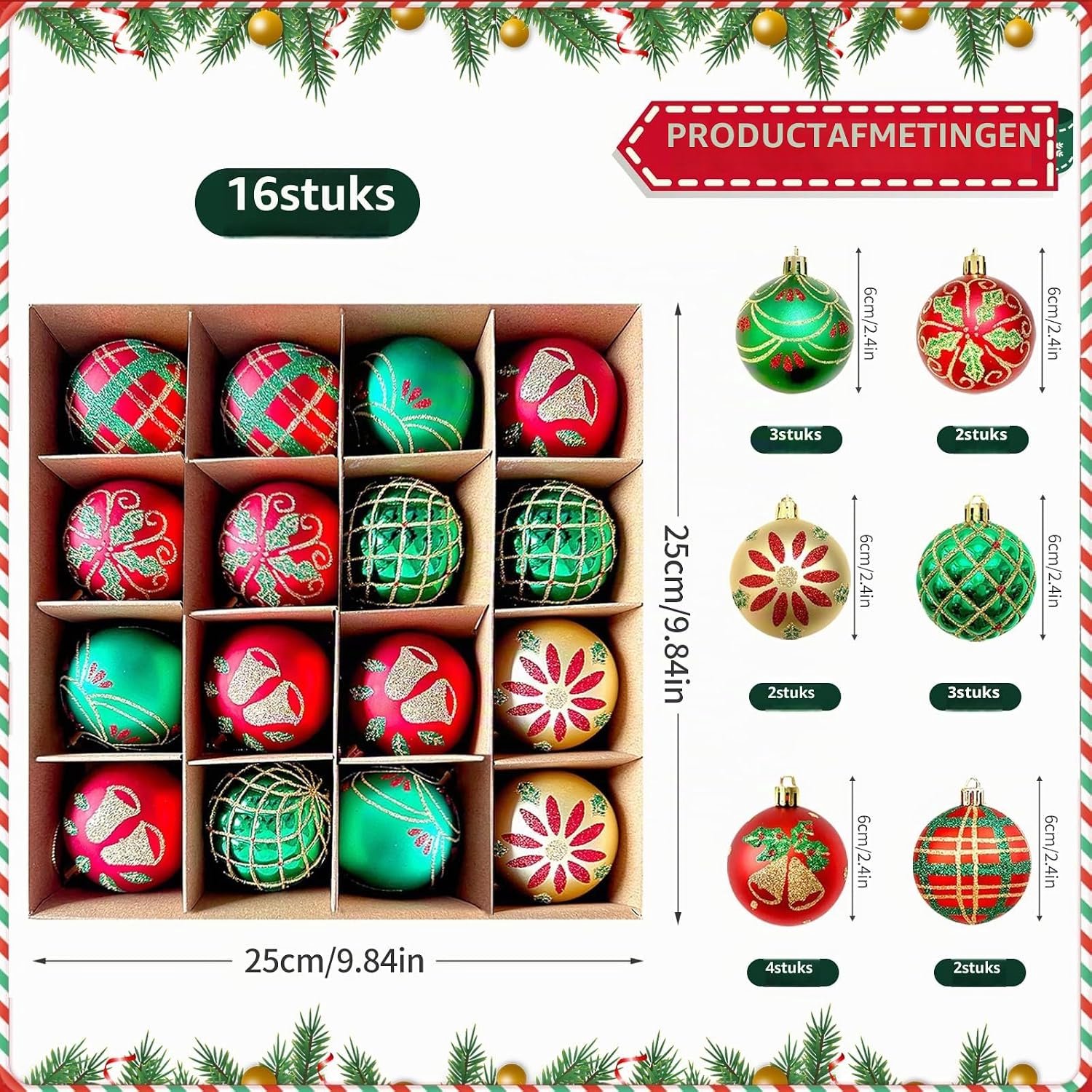 16 Stuks Onbreekbare Kerstballen Retro 6cm - Binnen Buiten - onbreekbaar kunststof - 6 cm - retro thema - hangend - geschikt voor binnen en buiten – foto 7