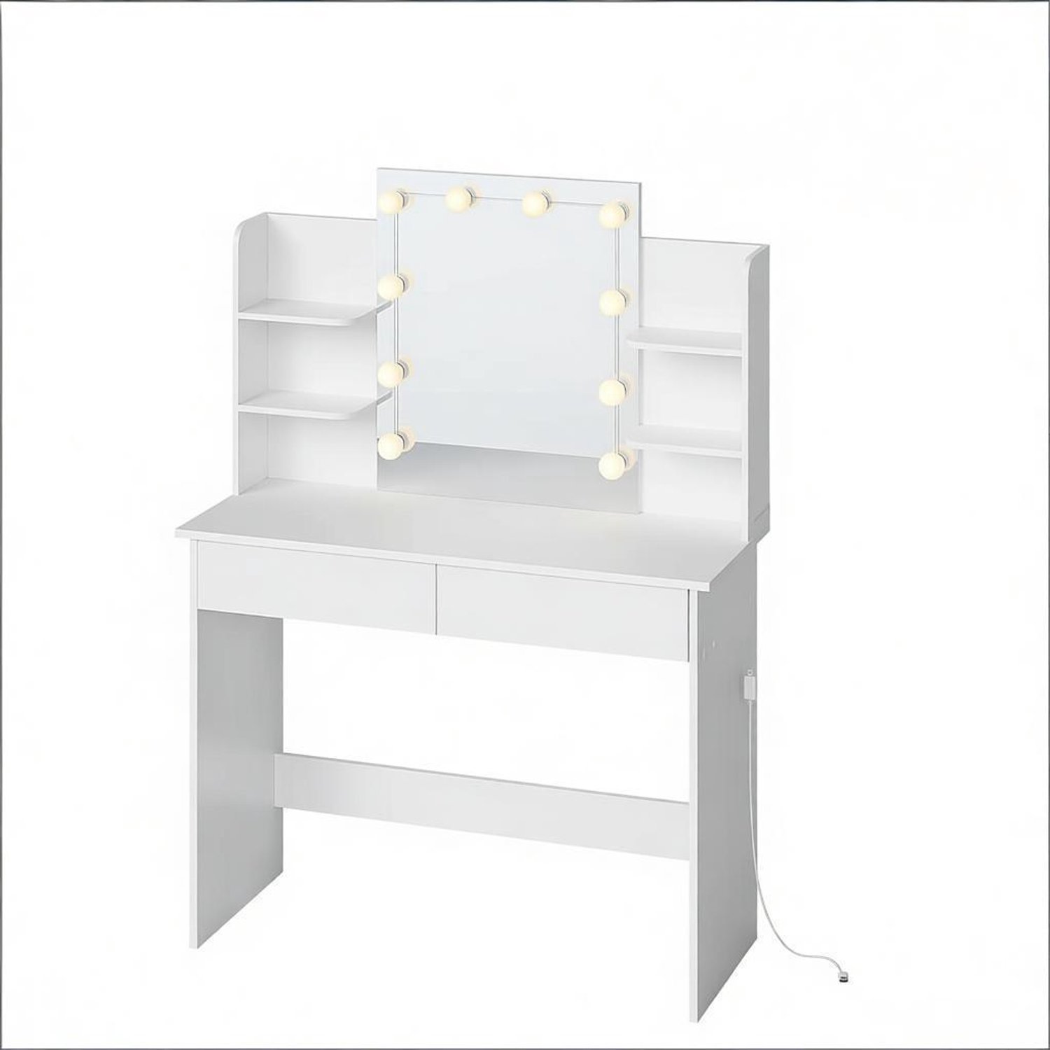 Kaptafel met Spiegel en LED Verlichting - Make-uptafel met Twee Laden en Open Vakken - Voor Slaapkamer of Dressing - Wit Massiefhout