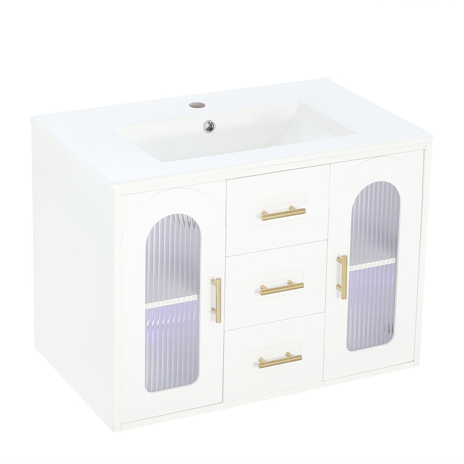 Wandgemonteerde Wastafelonderkast - Badkamermeubel Met Keramische Wastafel, 2 Lades, 2 Deuren En LED - 76 × 46 × 55 cm - Wit