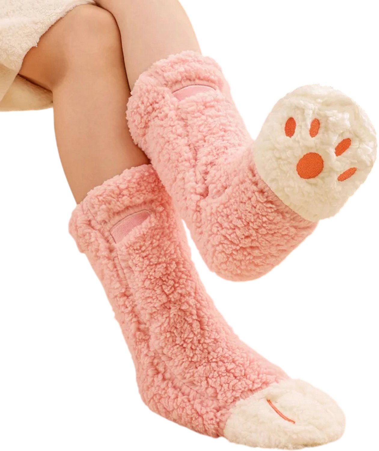 Warme Kattensokken Dames – Dikke Fleece Wintersokken met Kattenpootjes Kawaii Slaapsokken Grappige Lange Sokken en Cosplay Sokken Roze