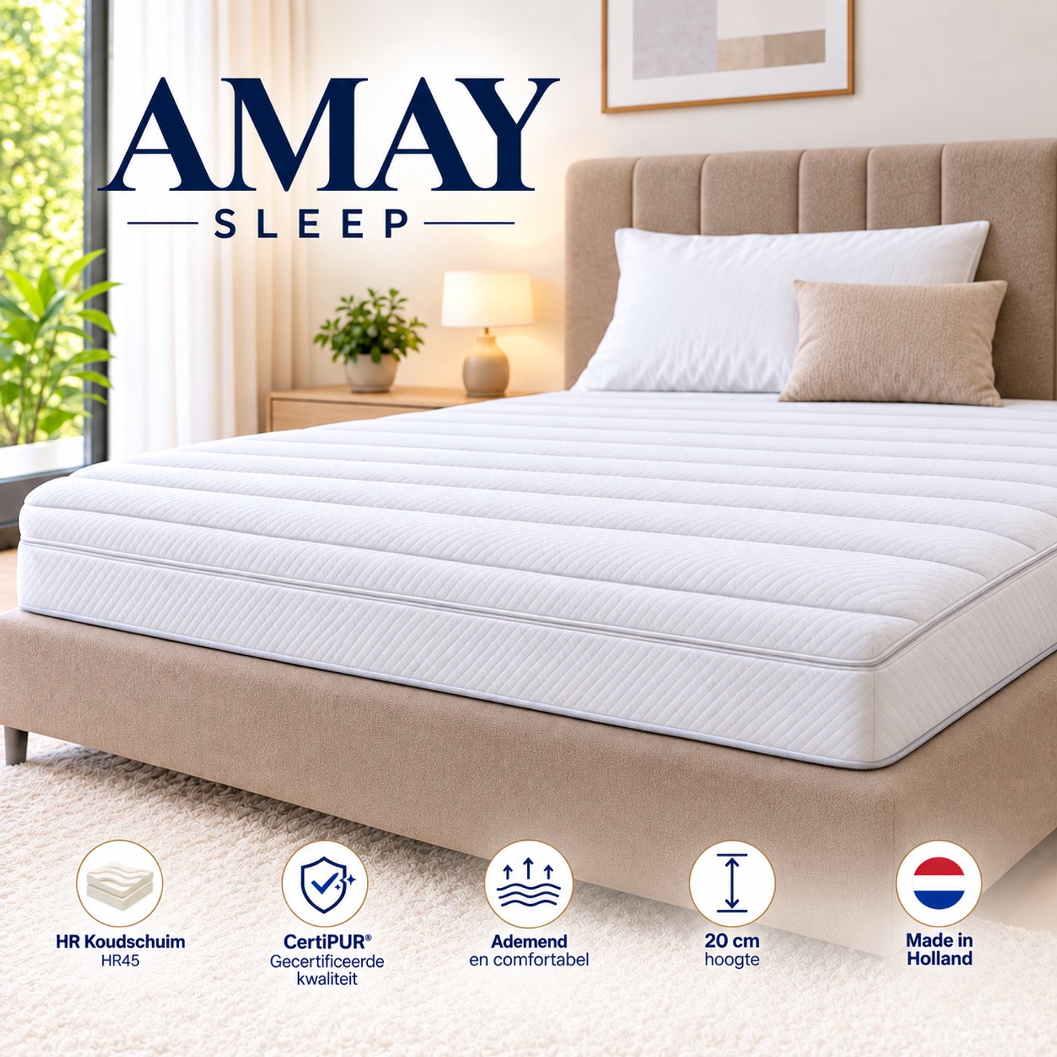 AMAY SLEEP MATRAS 160X200 - HR KOUDSCHUIM - 20 CM DIK - AFRITSBAAR HOES WASBAAR WIT