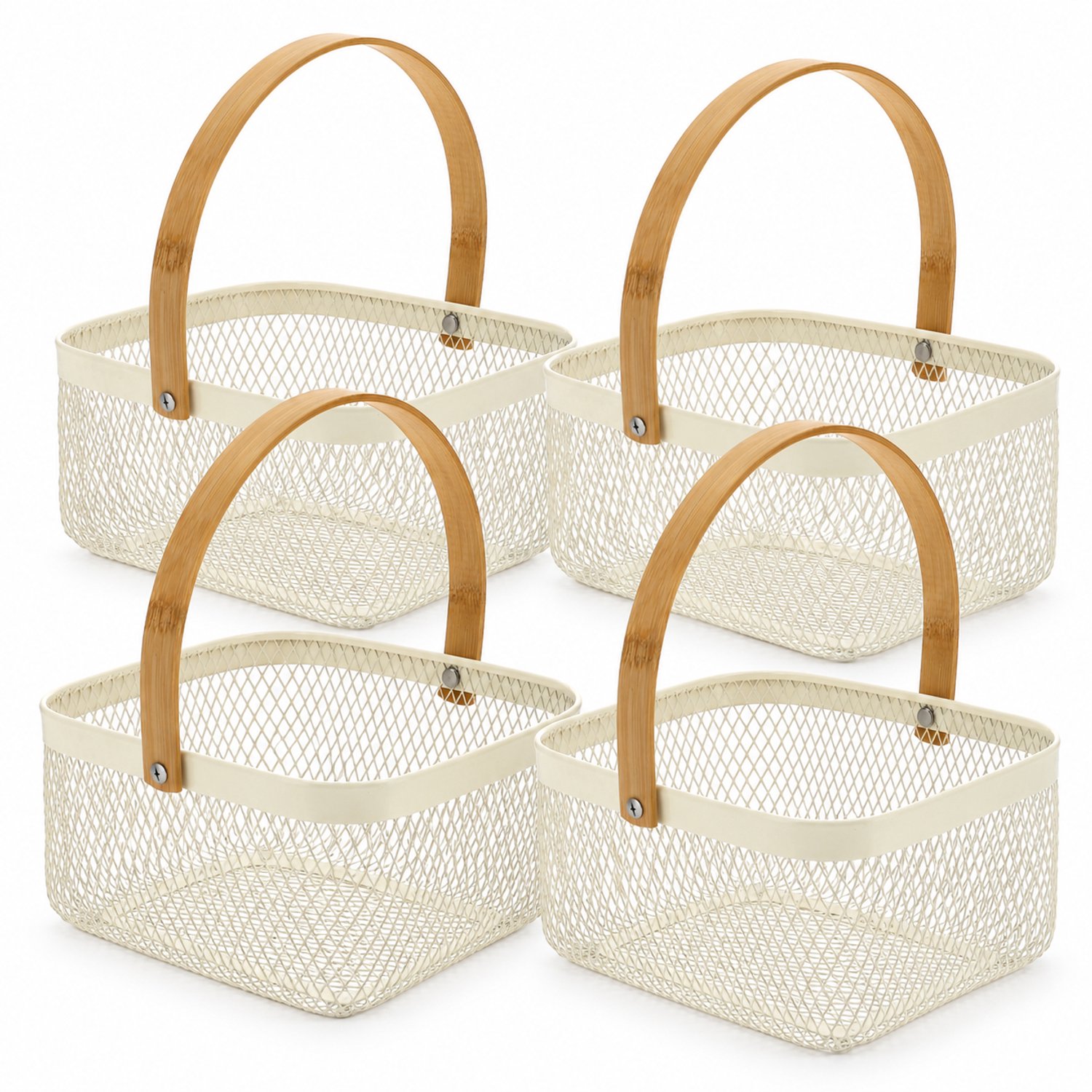 Opbergmanden Set van 4 - ca. 4L per Mand - Metalen Draadmanden met Bamboe Handvat - Fruitmand, Cadeaumand en Organizer voor Keuken, Badkamer, Woonkamer en Kantoor