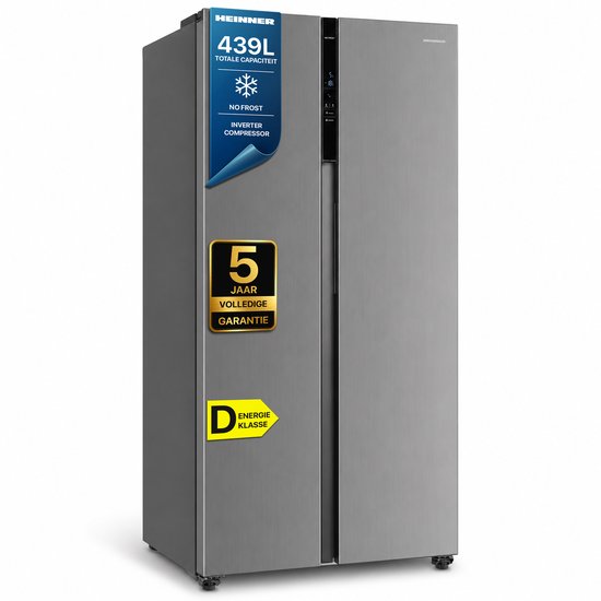 Zilverkleurige Heinner side-by-side koelkast met 439L capaciteit, No Frost, inverter compressor en 5 jaar garantie.