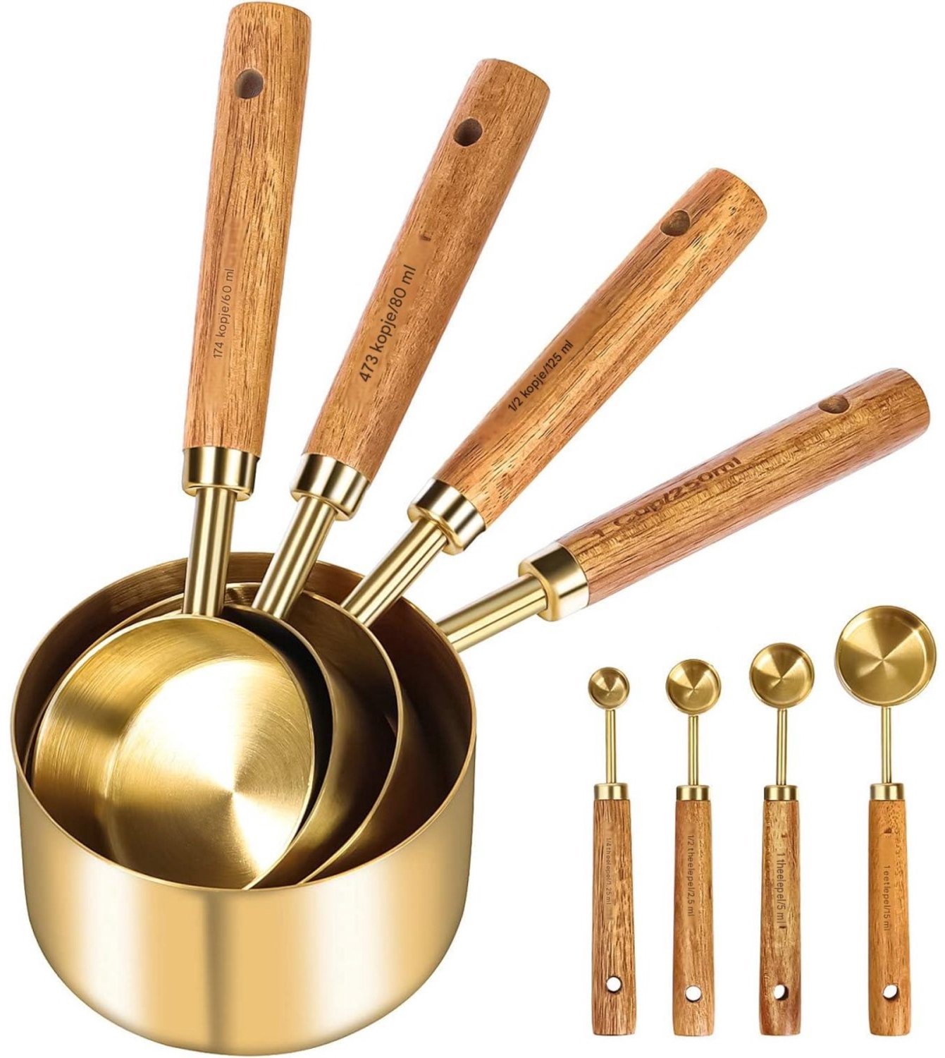 SSTRWGOOD Maatbekers en -lepels – 8-delige set – Houten handgrepen – Metrische en Amerikaanse maten – Roestvrij staal met gepolijste gouden afwerking – Geschikt voor droge en vloeibare ingrediënten – Ideaal geschikt voor koken en bakken – Goud