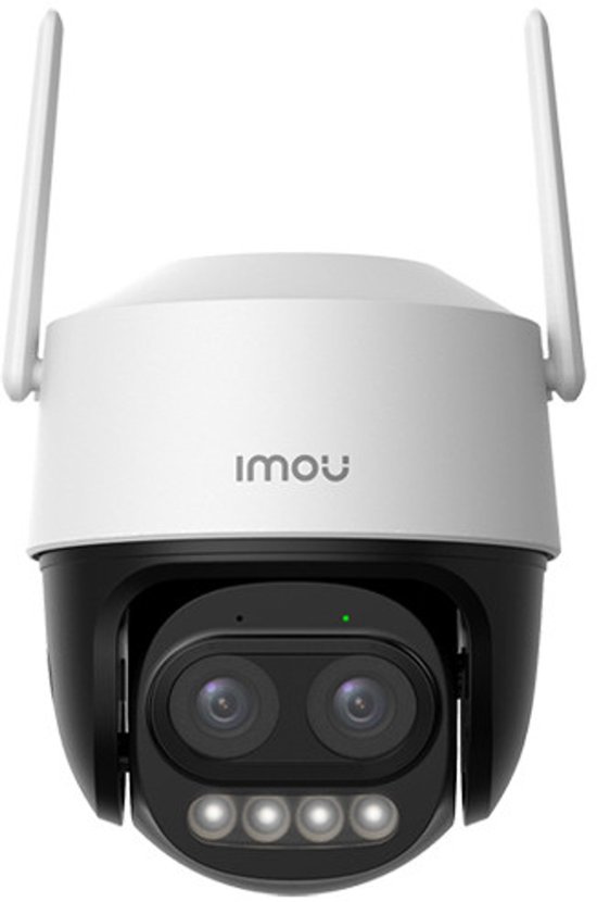 Witte Imou beveiligingscamera met twee antennes, dubbele lens en ingebouwde LED-verlichting aan de voorzijde.