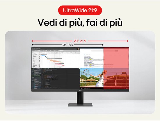 LG 29-inch UltraWide 21:9 monitor met vergelijking van schermruimte ten opzichte van een 24-inch 16:9 scherm.