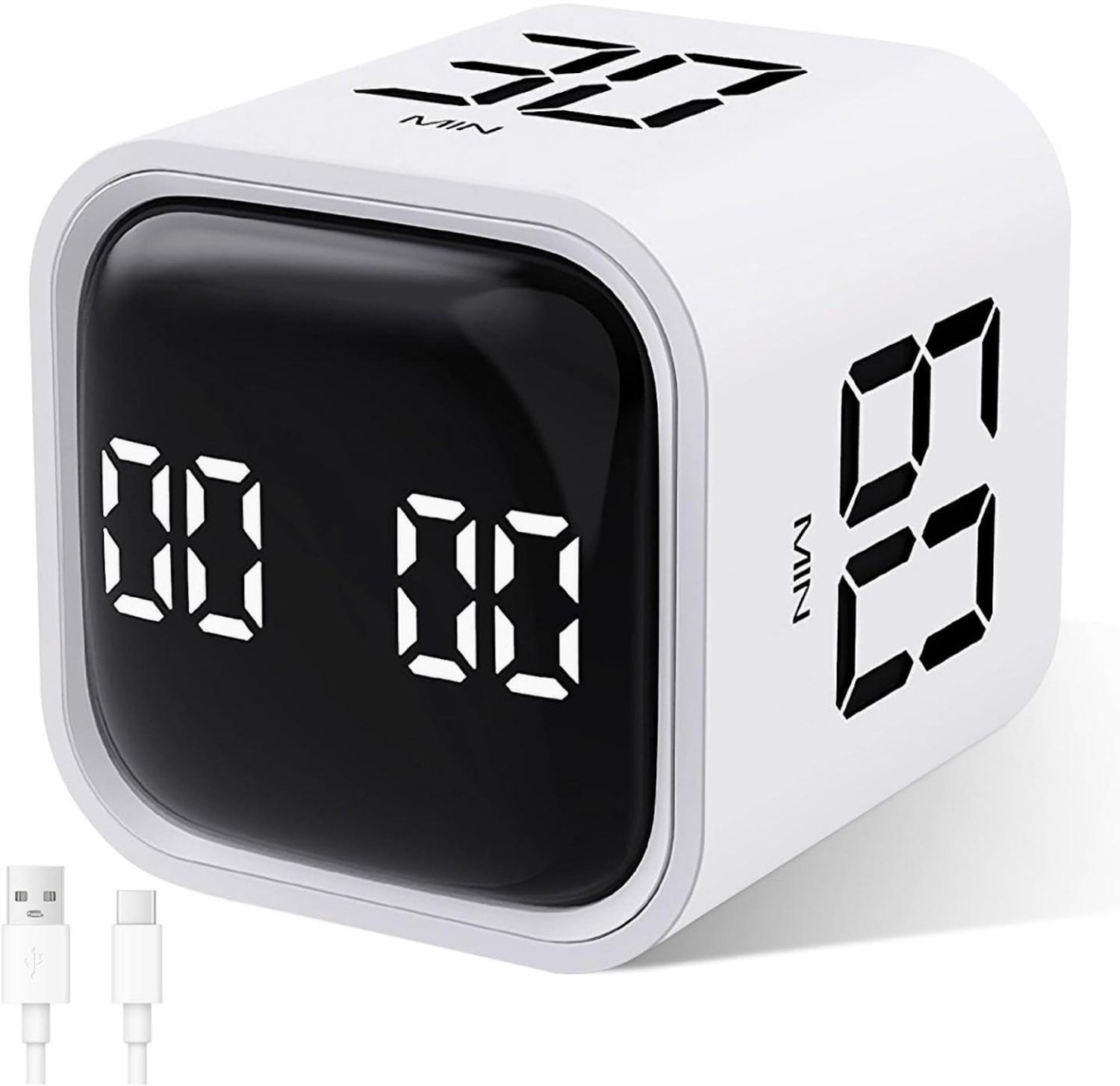 SSTRWGOOD Pomodoro-kubustimer – Draaibare bloktimer – 5/10/30/60 minuten – Ondersteunt aangepaste afteltijd – Digitale zandloper met trilling & instelbaar volume – Efficiënte timer geschikt voor kinderen, sport en studie – Wit