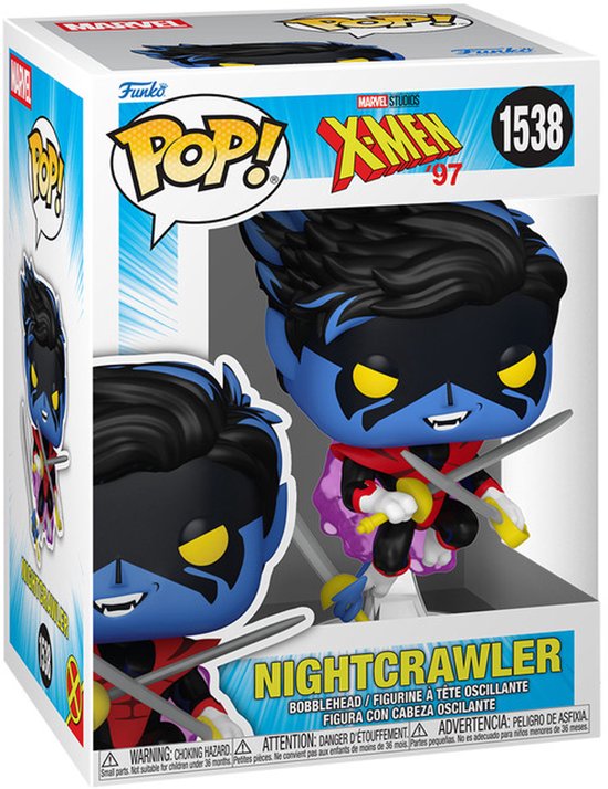 Funko Pop! Nightcrawler figuur uit X-Men '97 met blauwe huid, zwaard en opvallende ogen in originele doos.