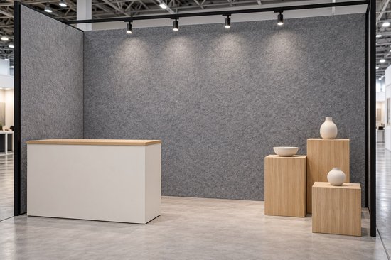 Beursstand met grijze viltwand, een witte balie en decoratieve vazen op houten sokkels.