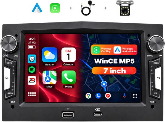 Boscer 2 Din Autoradio met Draadloos Apple CarPlay & Android Auto - Geschikt voor Opel Corsa D, Astra H, Zafira B & Meriva A - 7 inch IPS Touchscreen - USB-A & USB-C - Bluetooth Handsfree - FM-radio met RDS - 12 LED-achteruitrijcamera & Microfoon