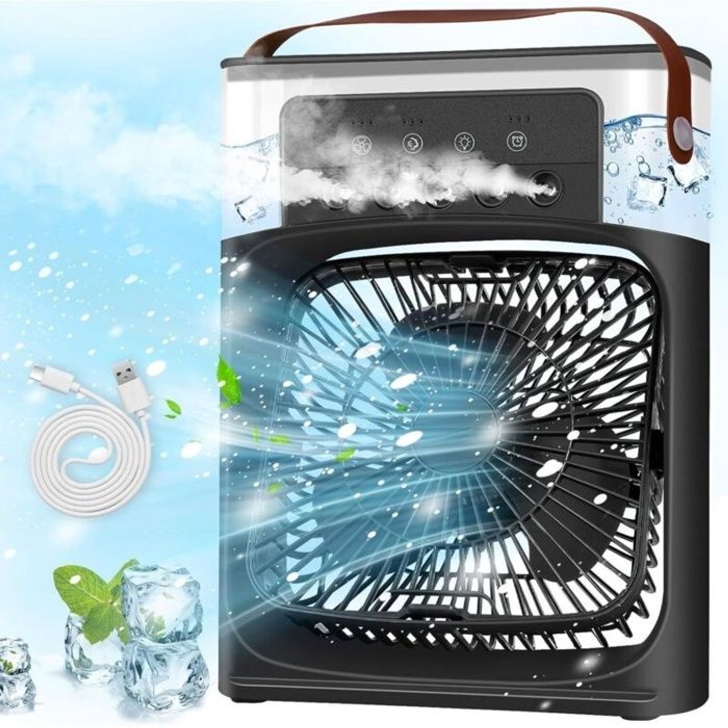 Draagbare airconditioner met ventilator, 3 ventilatorsnelheden, timer, 7 ledlampjes en een vernevelingsfunctie (zwart).