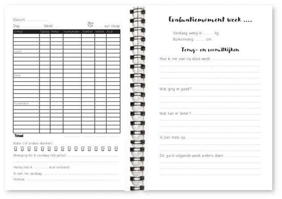 Open pagina's met een voedingsschema en een wekelijkse evaluatiepagina om gewicht en gevoelens bij te houden.
