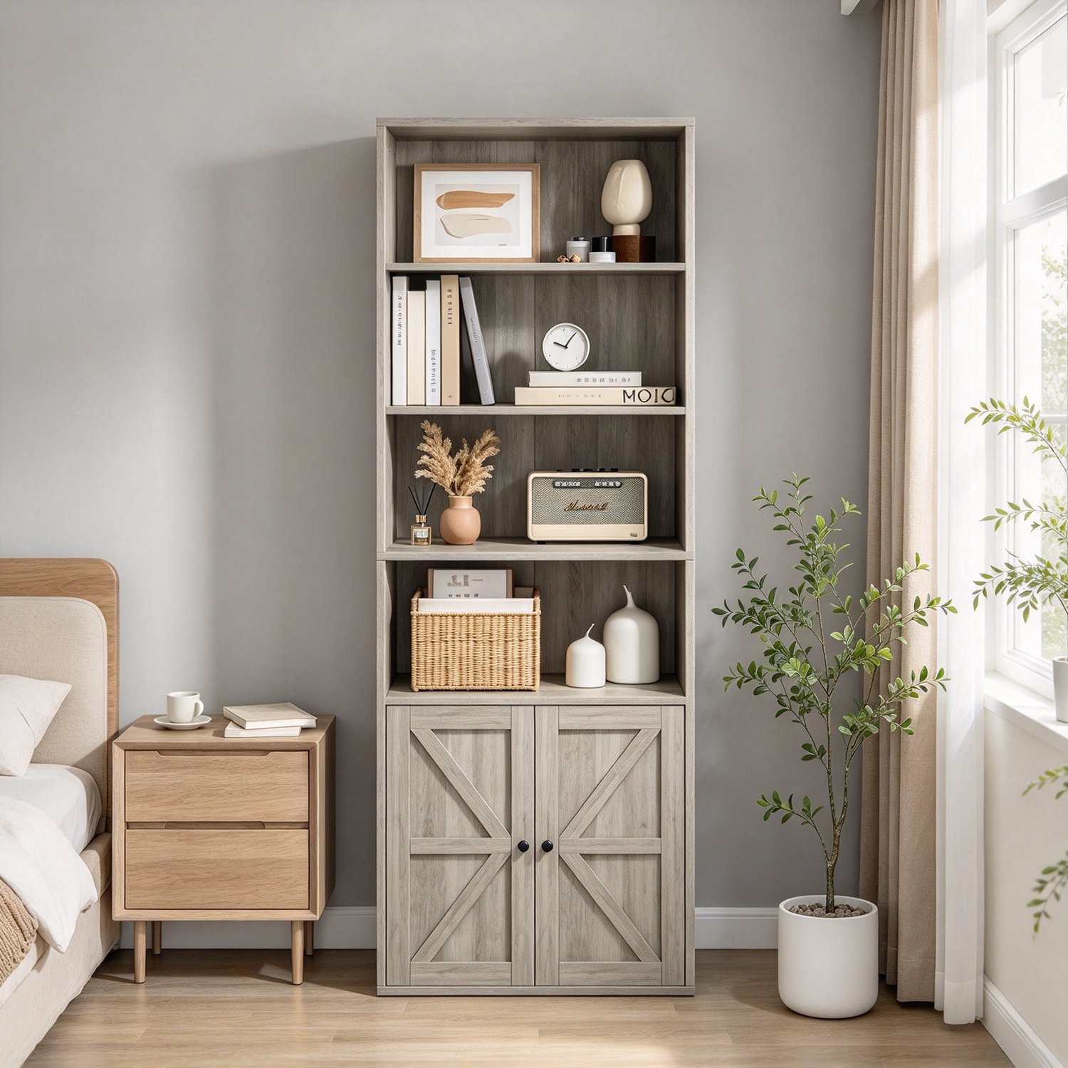 Boekenkast Rustiek Met Deuren & 6 Houten Planken - 180 cm Hoog x 30 cm Diep - voor Slaapkamer Woonkamer of Kantoor - Grijs