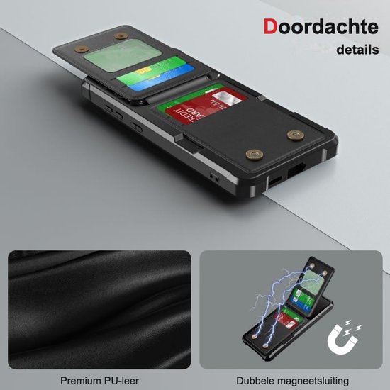 Zwarte hoes van premium PU-leer met dubbele magneetsluiting en vakjes voor pasjes.