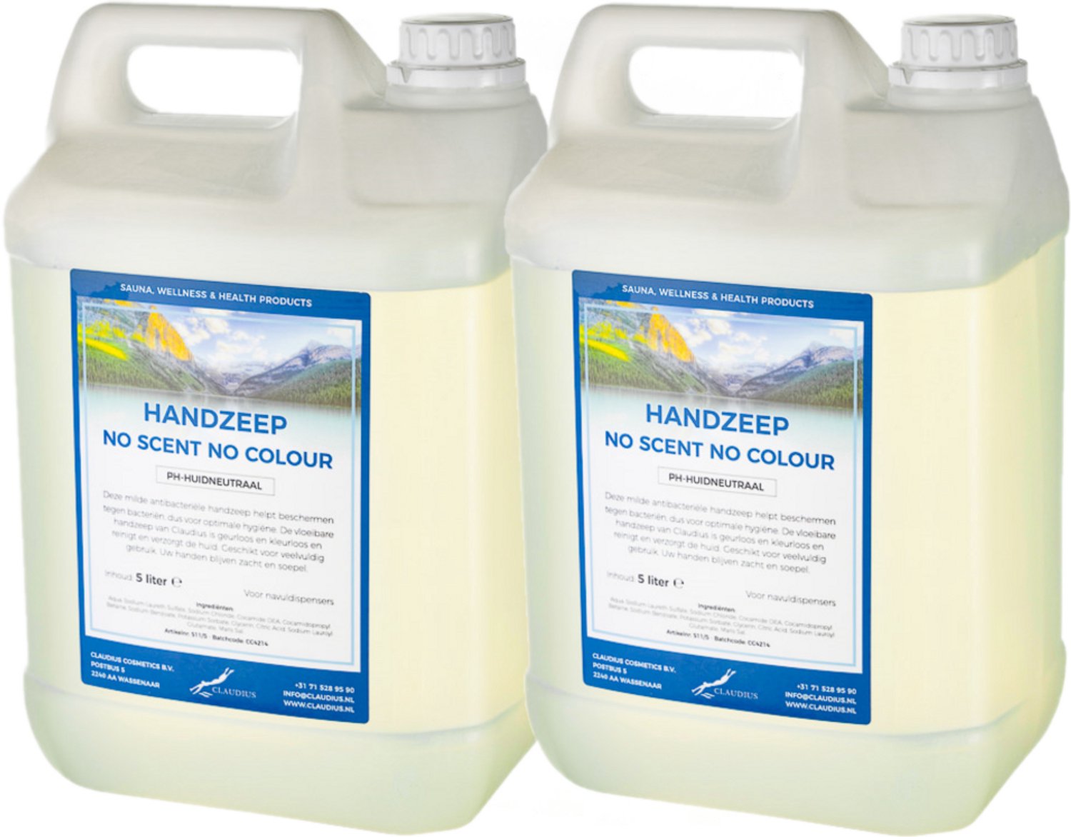 Claudius Handzeep No Scent, No Colour 5 liter - set van 2 stuks - voordeelverpakking - navulling