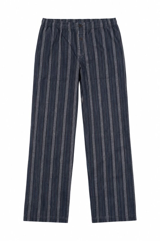 Marineblauwe pyjamabroek van Paul Hopkins met grijze en lichtblauwe verticale strepen en een elastische tailleband.