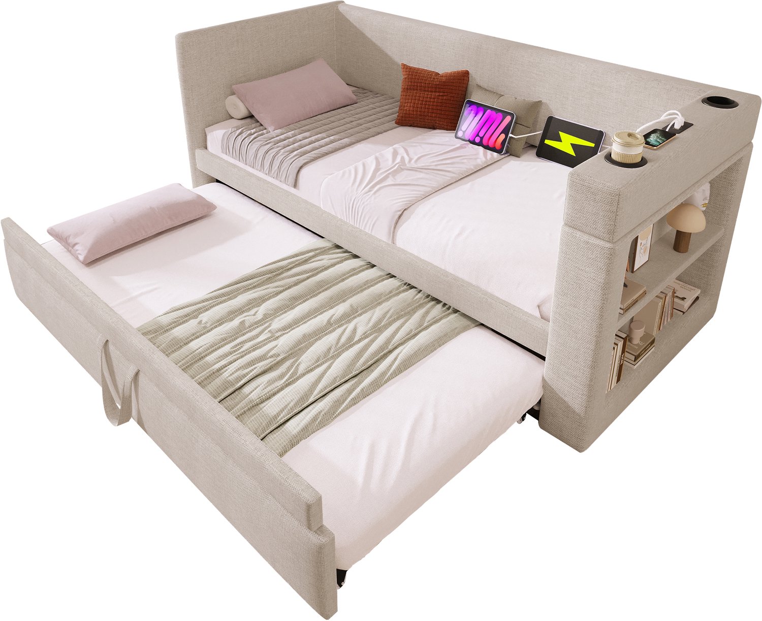 Welltin Gestoffeerde bedbank 90x190 cm - Uitschuifbed met armleuningen - USB en USB-C - Bekerhouders - Voor de logeerkamer - 98 x 207 x 74 cm - Beige
