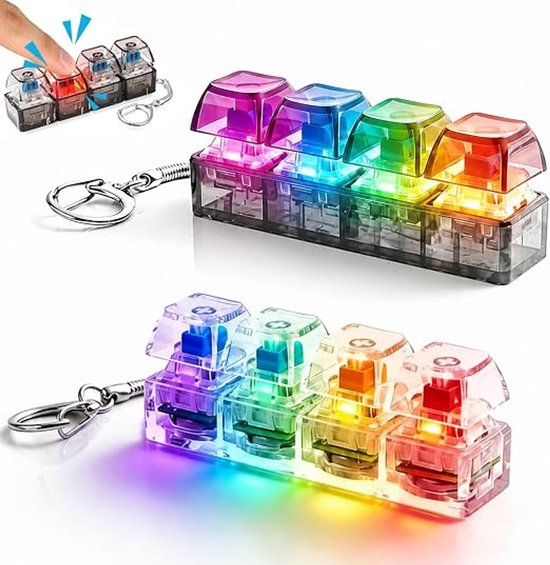 Twee keyboard-fidget sleutelhangers met vier verlichte, kleurrijke toetsen die oplichten in verschillende kleuren.