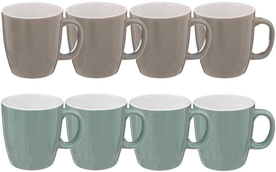 Set van acht keramische mokken met witte binnenkant, vier in taupe en vier in mintgroen.