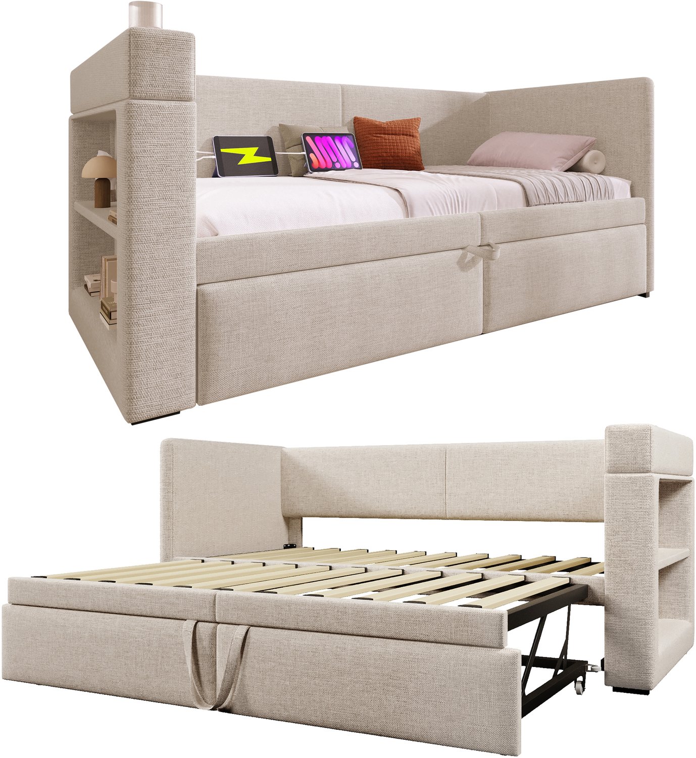 Welltin Gestoffeerde bedbank met uitschuifbed - USB en USB-C - Twee bekerhouders - Zonder matras - Voor woon- en logeerkamer - 90x200 cm - Beige