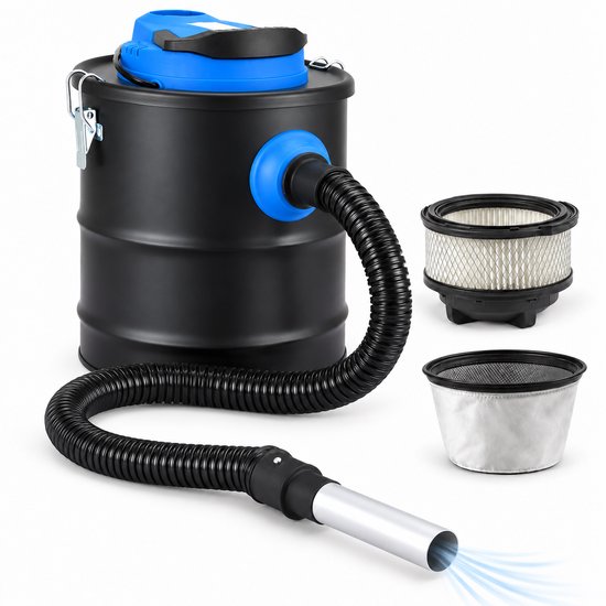 Zwarte SwayTosh aszuiger met blauw deksel, slang, en twee losse filters naast het apparaat.