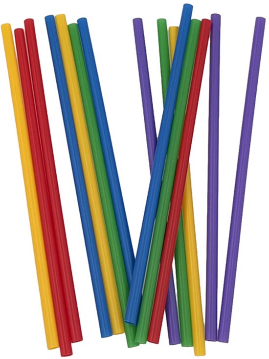 Set van herbruikbare plastic rietjes in diverse felle kleuren zoals rood, blauw, groen, geel en paars.