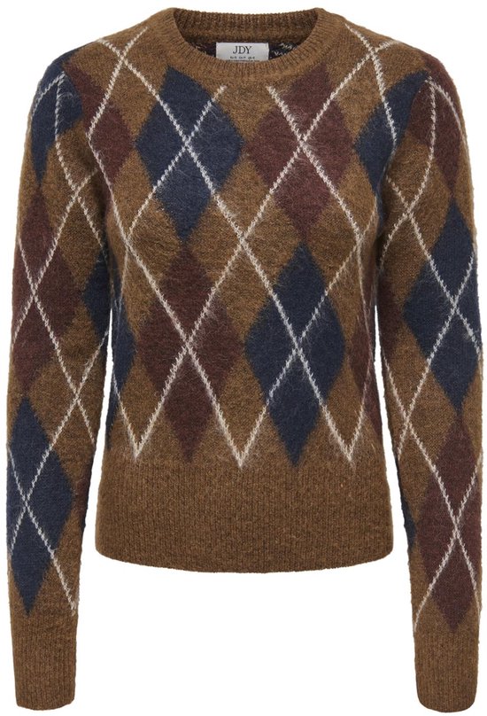 Bruine JDY pullover met ronde hals en gebreid argyle-ruitpatroon in donkerblauw en bordeaux.