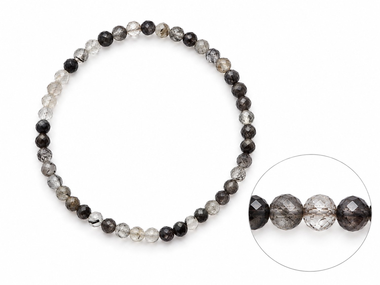 Toermalijnkwarts Armband Gefacetteerd 4 mm – Natuurlijke Edelstenen Armband – Zwarte Toermalijn in Kwarts – Zwart Wit Grijs – Fijne Kralenarmband – Omtrek 17 cm – Dames en Heren – Elegante Edelsteen Sieraden – Beauty of Minerals