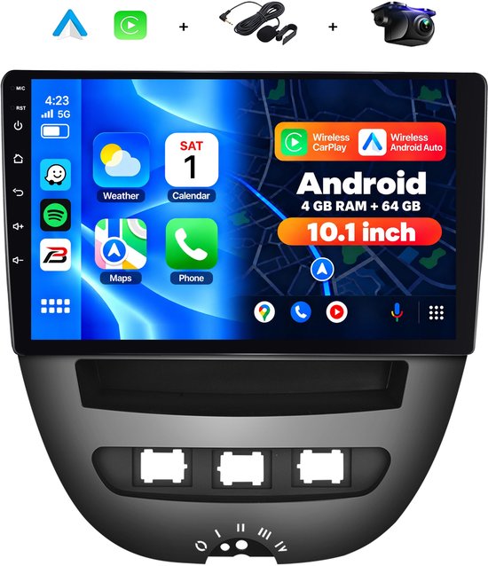 10,1 inch Android autoradio met touchscreen, ondersteunt draadloze CarPlay en Android Auto, inclusief microfoon en camera.