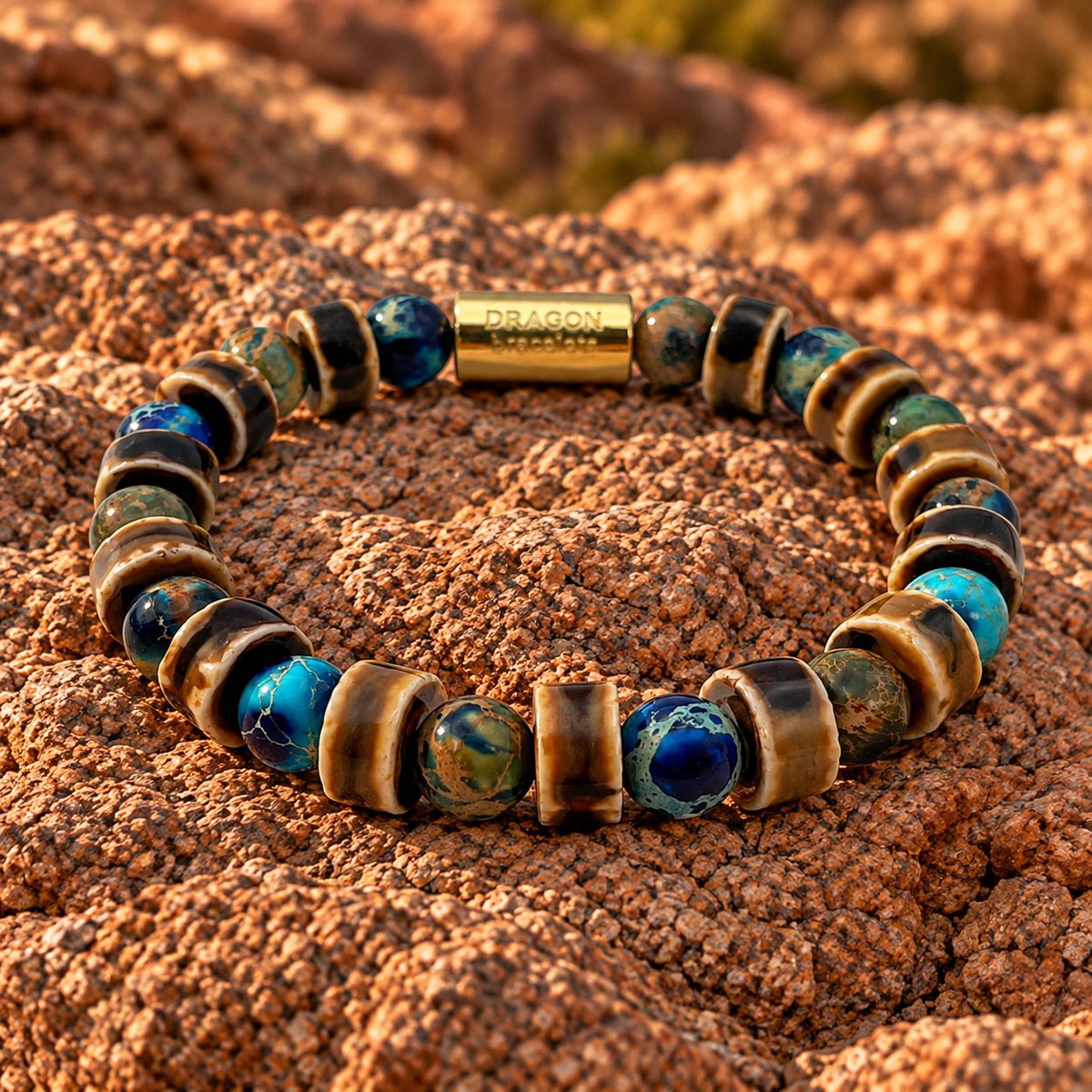 Dragon Bracelets® - Terra Marine - Natuurstenen Armband - Jaspis - Geglazuurd Keramiek - Blauw - Bruin - Groen - Goud