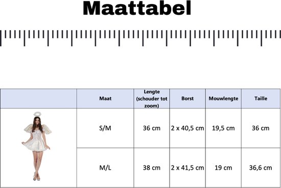 Maattabel voor engelenkostuum met maatvoering voor S/M en M/L, inclusief lengte, borstomtrek, mouwlengte en taille.